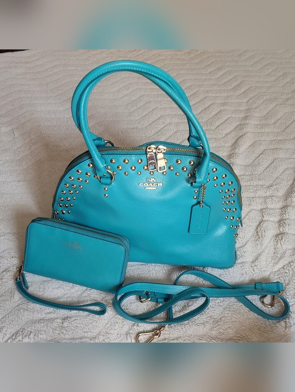 Coach F35216 Turquoise Leather Studded Satchel With Matching Wallet And Strap